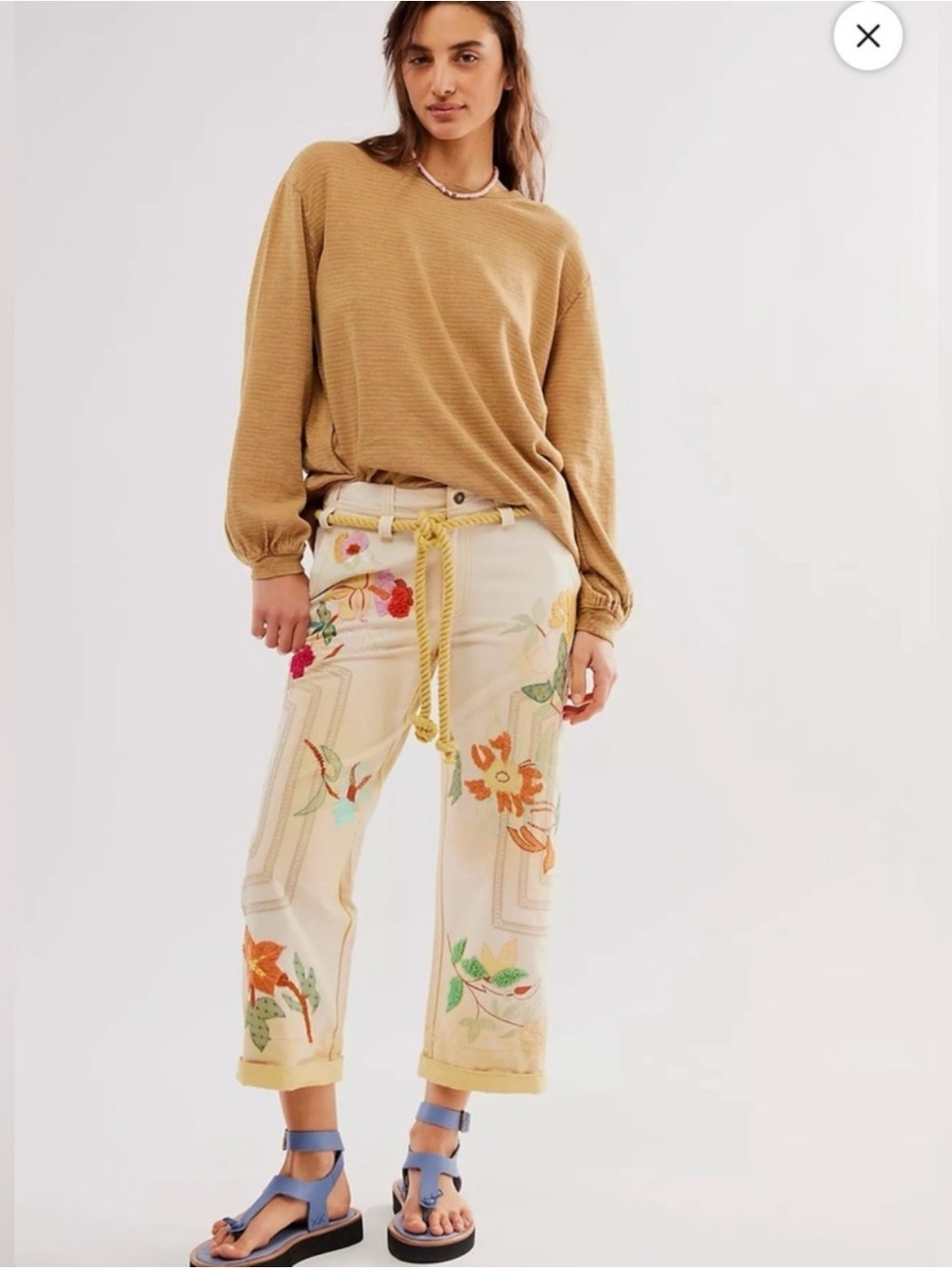 Free People Low-Rise Embroidered Wide-Leg Drawstring Pants Electric Sands 6 - Picture 12 of 14